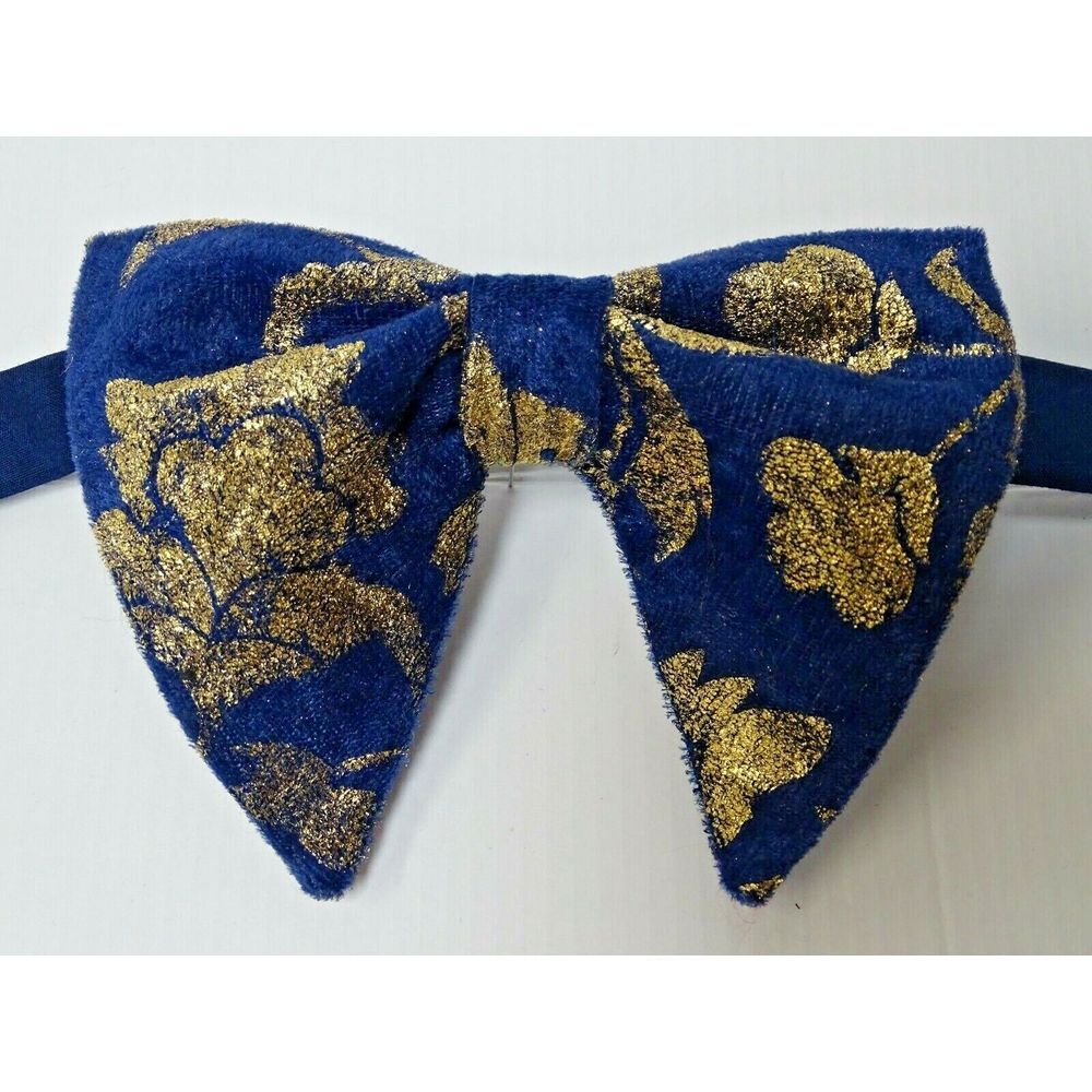 Handmade Mens‎ Navy/Gold Velvet Bow tie Vintage style 70`s Pre-tied Adjustable